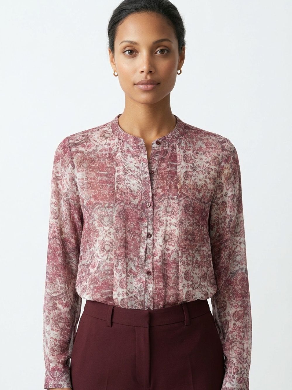 BCBGENERATION | Collarless Sheer Button Down Blouse Antique Print Women’s Size S